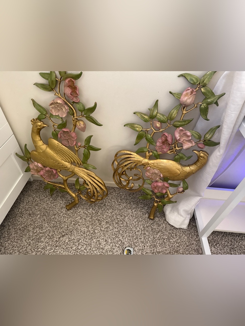 Vintage 1970s MCM Gold Floral Bird Wall Decor with Pink Blossoms